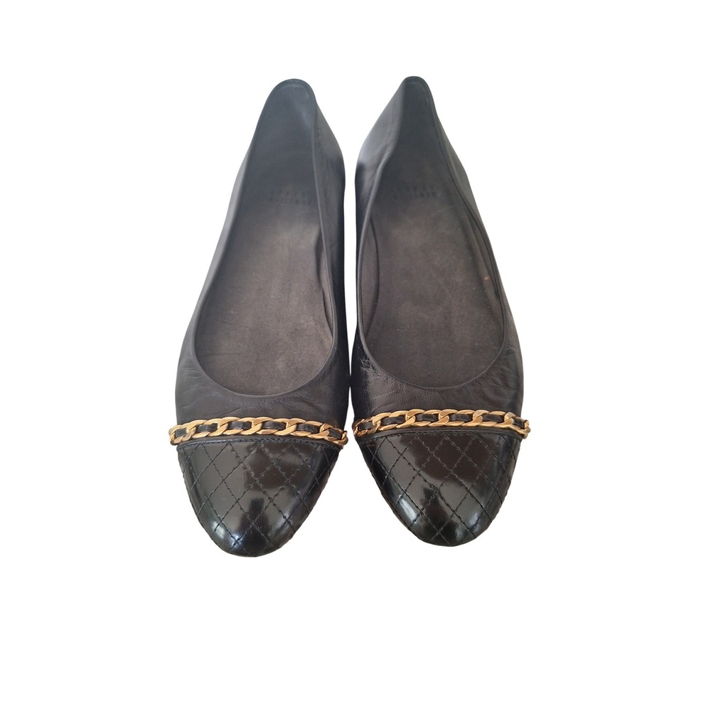 STUART WEITZMAN  Black Leather Legacy Cap-Toe Ballet Flat Sz 8-8.5‎